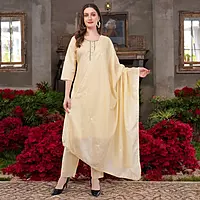Women's Cream Embroidered Salwar Suit Set with Dupatta, 3/4 Sleeve Kurta, Traditional Ethnic Wear