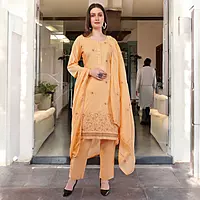 Women's Peach Embroidered Cotton Salwar Suit Set with Dupatta, Long Sleeves, 3 Piece Traditional Dress