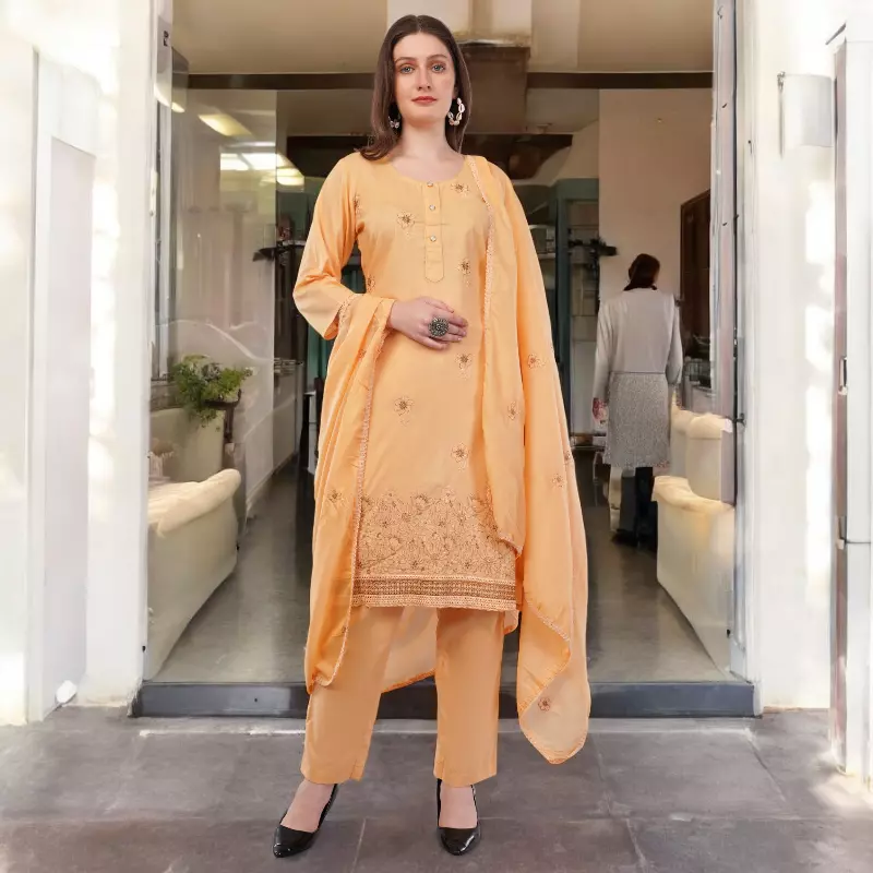 Women's Peach Embroidered Cotton Salwar Suit Set with Dupatta, Long Sleeves, 3 Piece Traditional Dress