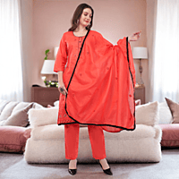 Traditional Coral Red Embroidered Salwar Suit Set with Dupatta, Black Lace Border, 3/4 Sleeve