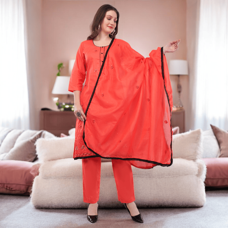 Traditional Coral Red Embroidered Salwar Suit Set with Dupatta, Black Lace Border, 3/4 Sleeve