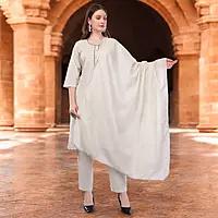 Women's Cotton Embroidered Salwar Suit Set with Dupatta, 3/4 Sleeve, Off-White