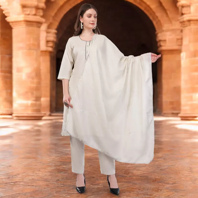 Women's Cotton Embroidered Salwar Suit Set with Dupatta, 3/4 Sleeve, Off-White