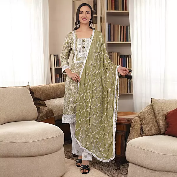 Traditional Salwar Suit Set, Olive Green with White Embroidery, Long Sleeves, Cotton pants