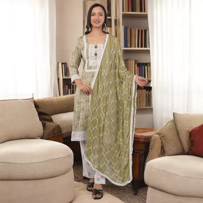 Traditional Salwar Suit Set, Olive Green with White Embroidery, Long Sleeves, Cotton pants