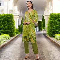 Bandhani Print Cotton Salwar Suit Set, Green and Yellow, Traditional Embroidered Kurta with Pants and Dupatta