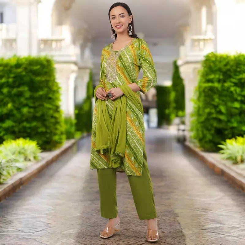 Bandhani Print Cotton Salwar Suit Set, Green and Yellow, Traditional Embroidered Kurta with Pants and Dupatta