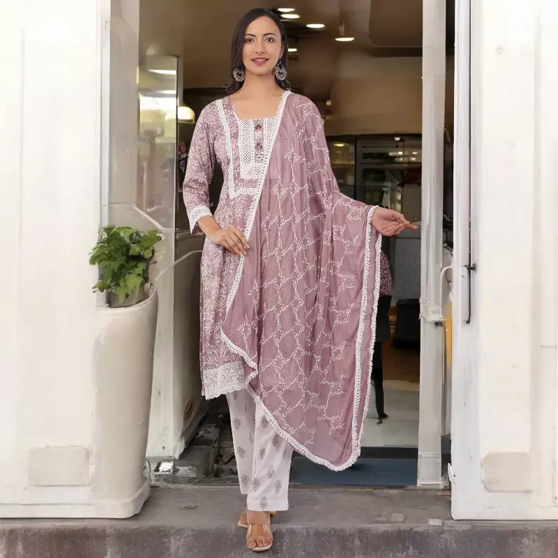 Traditional Embroidered and printed Salwar Suit Set, Mauve Pink with White Lace, Cotton