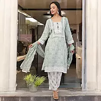 Women's Traditional Salwar Kameez Set, Mint Green Floral Print with White Lace, 3 Piece Suit with Dupatta