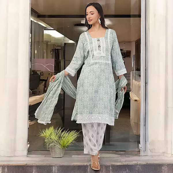 Women's Traditional Salwar Kameez Set, Mint Green Floral Print with White Lace, 3 Piece Suit with Dupatta