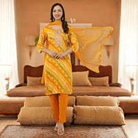 Traditional Bandhani Print Salwar Suit Set, Yellow Orange, Embroidered, 3/4 Sleeve with Dupatta
