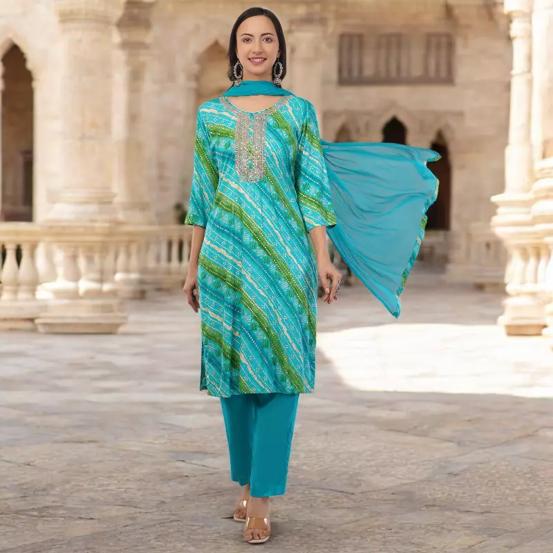 Traditional Bandhani Print Salwar Suit, Turquoise and Green, Embellished Neck, 3-Piece Set with Dupatta