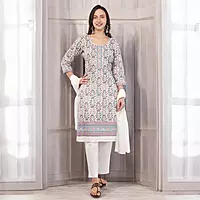 Floral Print Cotton Salwar Suit Set with Embroidered Details, 3/4 Sleeves, White Dupatta