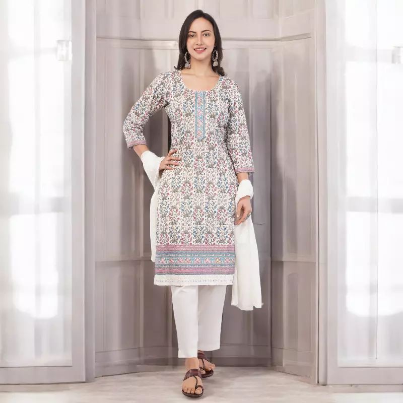 Floral Print Cotton Salwar Suit Set with Embroidered Details, 3/4 Sleeves, White Dupatta