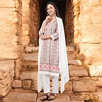 Traditional Printed and Embroidered Cotton Salwar Suit Set, White Dupatta with Pink Floral Pattern, 3/4 Sleeve