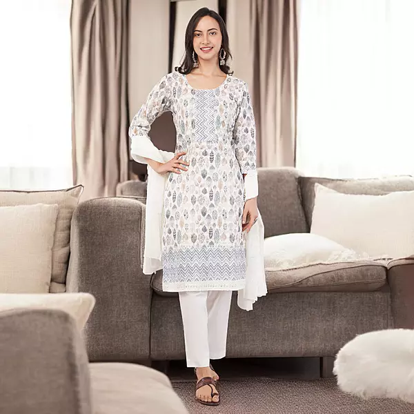 Cotton Salwar Suit Set, Printed Leaf Pattern with Embroidery, White Dupatta, Full Sleeves