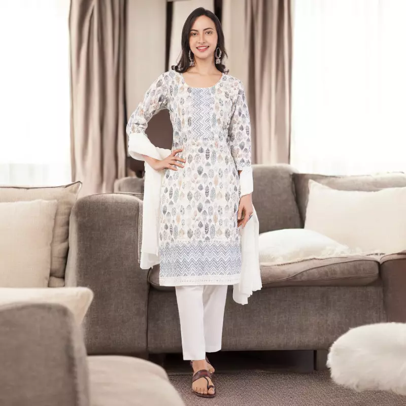 Cotton Salwar Suit Set, Printed Leaf Pattern with Embroidery, White Dupatta, Full Sleeves