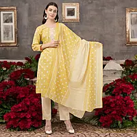 Cotton Polka Dot Salwar Suit Set, Yellow and White, 3/4 Sleeves, Embellished Yoke