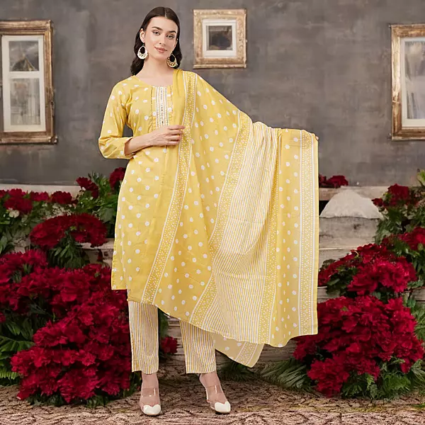 Cotton Polka Dot Salwar Suit Set, Yellow and White, 3/4 Sleeves, Embellished Yoke