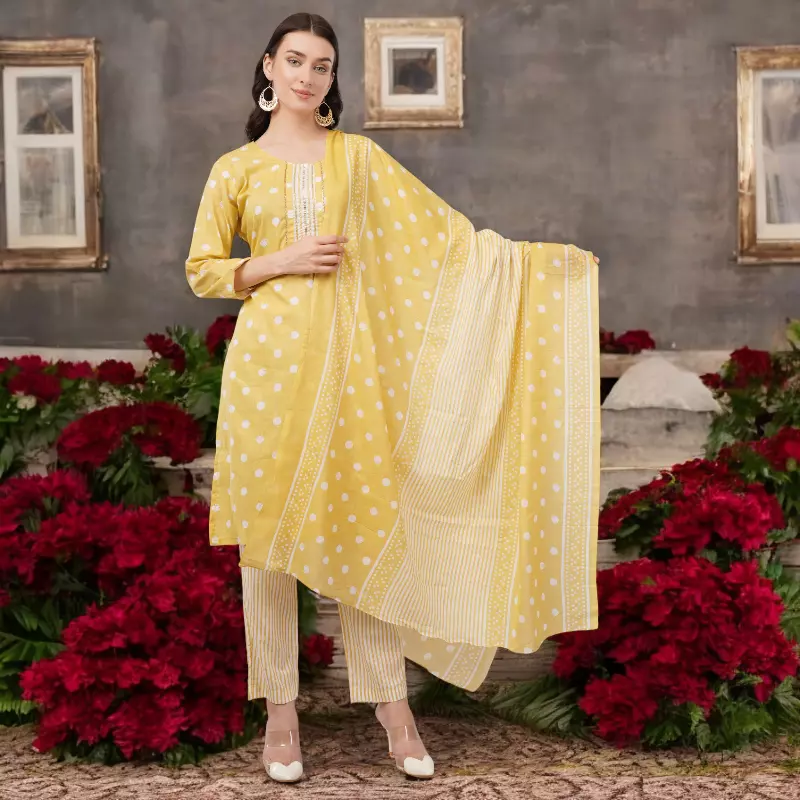 Cotton Polka Dot Salwar Suit Set, Yellow and White, 3/4 Sleeves, Embellished Yoke