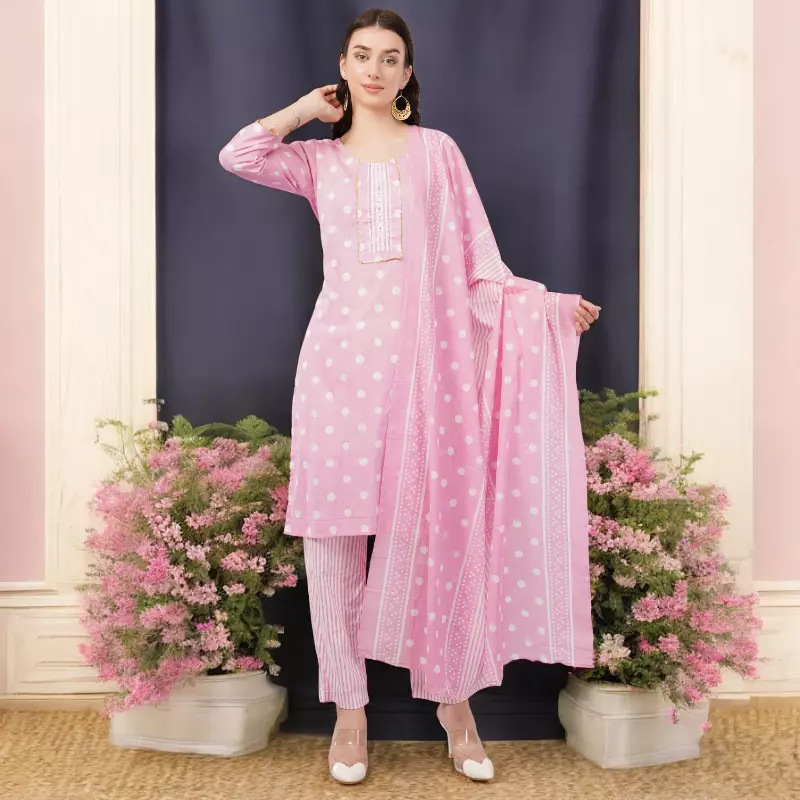 Pink Polka Dot Cotton Salwar Suit Set, 3/4 Sleeves, Striped Pants with Dupatta