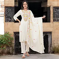 Floral Embroidered Cotton Salwar Suit with Dupatta, 3-Piece Traditional Set