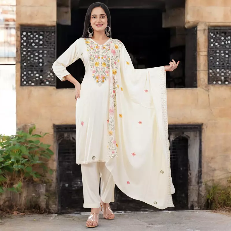 Floral Embroidered Cotton Salwar Suit with Dupatta, 3-Piece Traditional Set