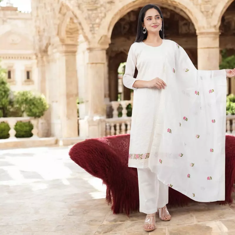 WHITE COTTON BLEND SALWAR SUIT SET WITH FLORAL EMBROIDERY