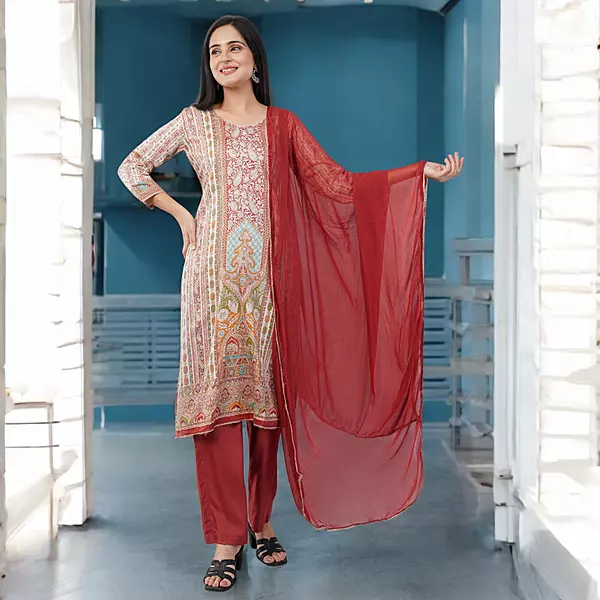 RED AND WHITE PRINTED COTTON SALWAR SUIT SET