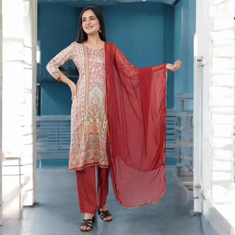 RED AND WHITE PRINTED COTTON SALWAR SUIT SET