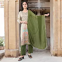 GREEN PRINTED COTTON SALWAR SUIT SET - PAISLEY PATTERN