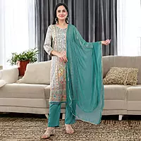 TURQUOISE GREEN PRINTED COTTON SALWAR SUIT SET