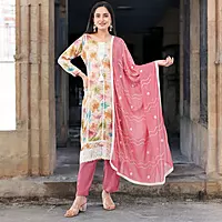 PINK FLORAL PRINT COTTON SALWAR SUIT SET - WATERCOLOR DESIGN