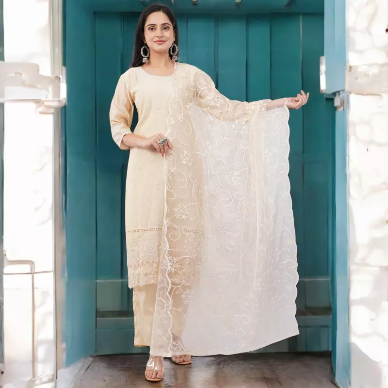 ELEGANT SILK BLEND CREAM SALWAR SUIT SET WITH LACE BORDER