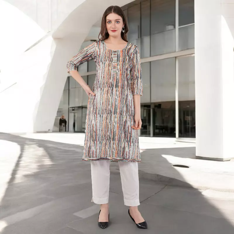 Women's Printed and Embroidered Chikankari Kurta, 3/4 Sleeves, Knee Length