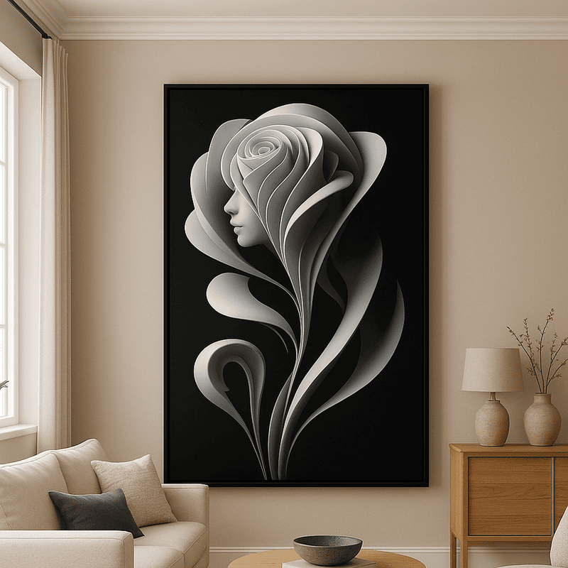Elegant Feminine Bloom Black White Wall Art – Modern Floral Silhouette Décor