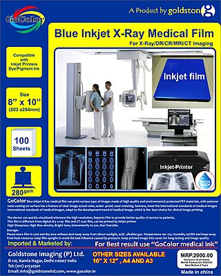 8" x10" GoColor Inkjet Medical Blue Film for X Ray Film 100 Sheet Pack of 280 GSM / 210 Micron 8" x10" GoColor Inkjet Medical Blue Film for X Ray Film 100 Sheet Pack of 280 GSM / 210 Micron