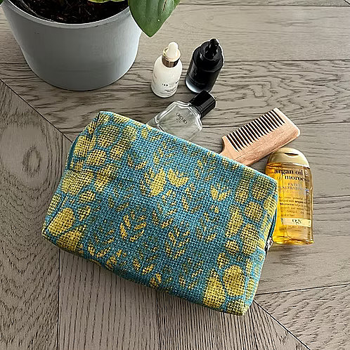 BLUE JUTE PRINT DOUBLE ZIP POUCH