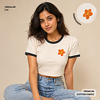 Women’s Off White Crop Top | Daisy Embroidery | Regular Fit | Premium Cotton
