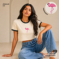 BRLY. Women’s Off White Crop Top | Flamingo Embroidery | Regular Fit | Premium Cotton
