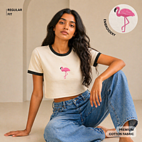 BRLY. Women’s Off White Crop Top | Flamingo Embroidery | Regular Fit | Premium Cotton