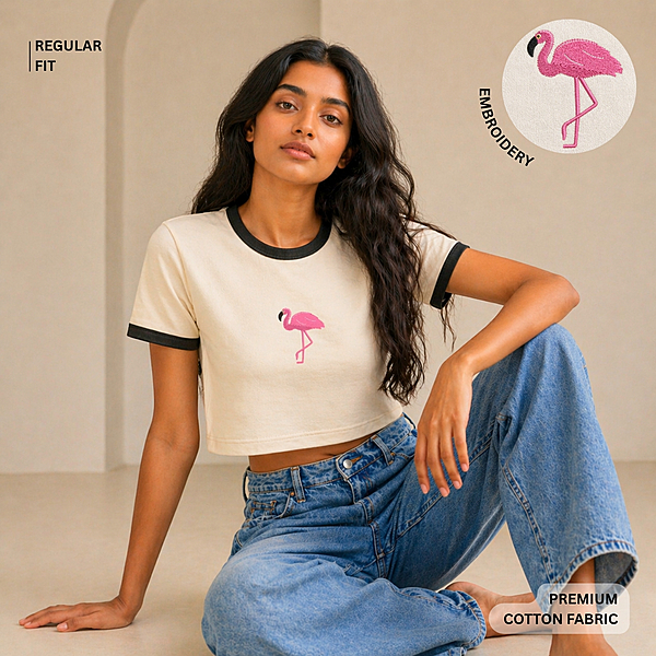 BRLY. Women’s Off White Crop Top | Flamingo Embroidery | Regular Fit | Premium Cotton