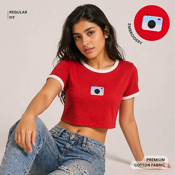 Women’s Red Crop Top | Camera Embroidery | Regular Fit | Premium Cotton