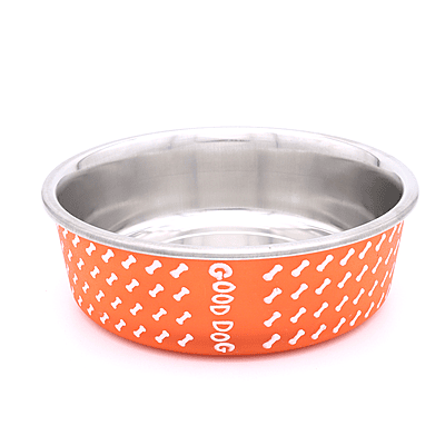 BWB Stainless Steel Printed Pet Bowl with Anti-Skid Rubber Base for Dogs and Cats – Durable Food & Water Dish - Brown with Bone Pattern, Orange (750 ml)- Medium BWB Stainless Steel Printed Pet Bowl with Anti-Skid Rubber Base for Dogs and Cats – Durable Food & Water Dish - Brown with Bone Pattern, Orange (750 ml)- Medium