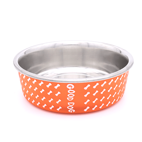 BWB Stainless Steel Printed Pet Bowl with Anti-Skid Rubber Base for Dogs and Cats – Durable Food & Water Dish - Brown with Bone Pattern, Orange (750 ml)- Medium