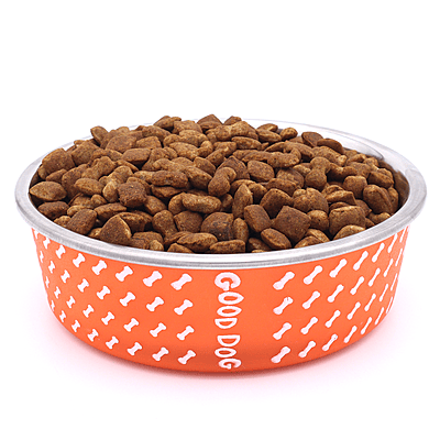 BWB Stainless Steel Printed Pet Bowl with Anti-Skid Rubber Base for Dogs and Cats – Durable Food & Water Dish - Brown with Bone Pattern, Orange (750 ml)- Medium