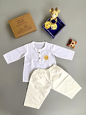 Organic Cotton Baby Boy Kurta Pajama Set (White - Sun)