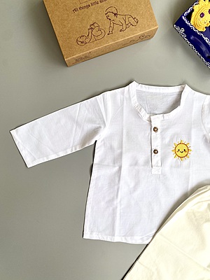 Organic Cotton Baby Boy Kurta Pajama Set (White - Sun)