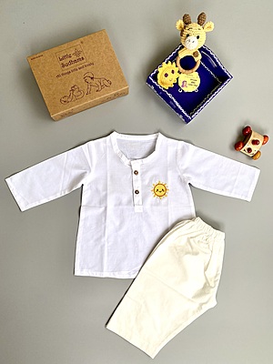 Organic Cotton Baby Boy Kurta Pajama Set (White - Sun)
