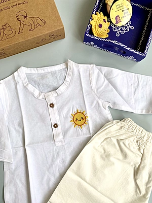 Organic Cotton Baby Boy Kurta Pajama Set (White - Sun)